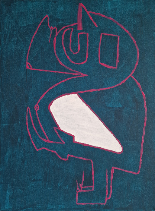 Abstract painting by Fabian Kindermann: bold contour figure on deep textured ground.